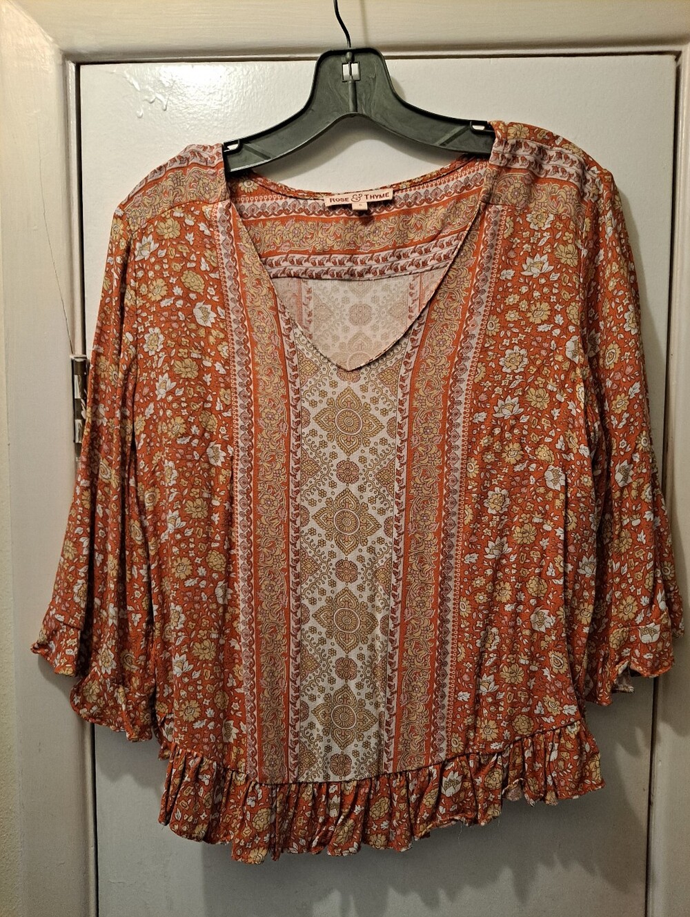 Rose & Thyme Boho Ruffle Hem Floral Blouse in Rust
